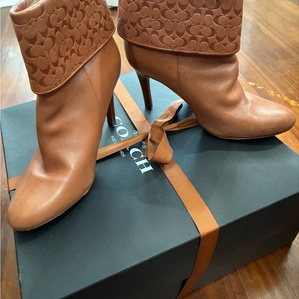Coach Brown Heeled Boots with Quilted Cuff